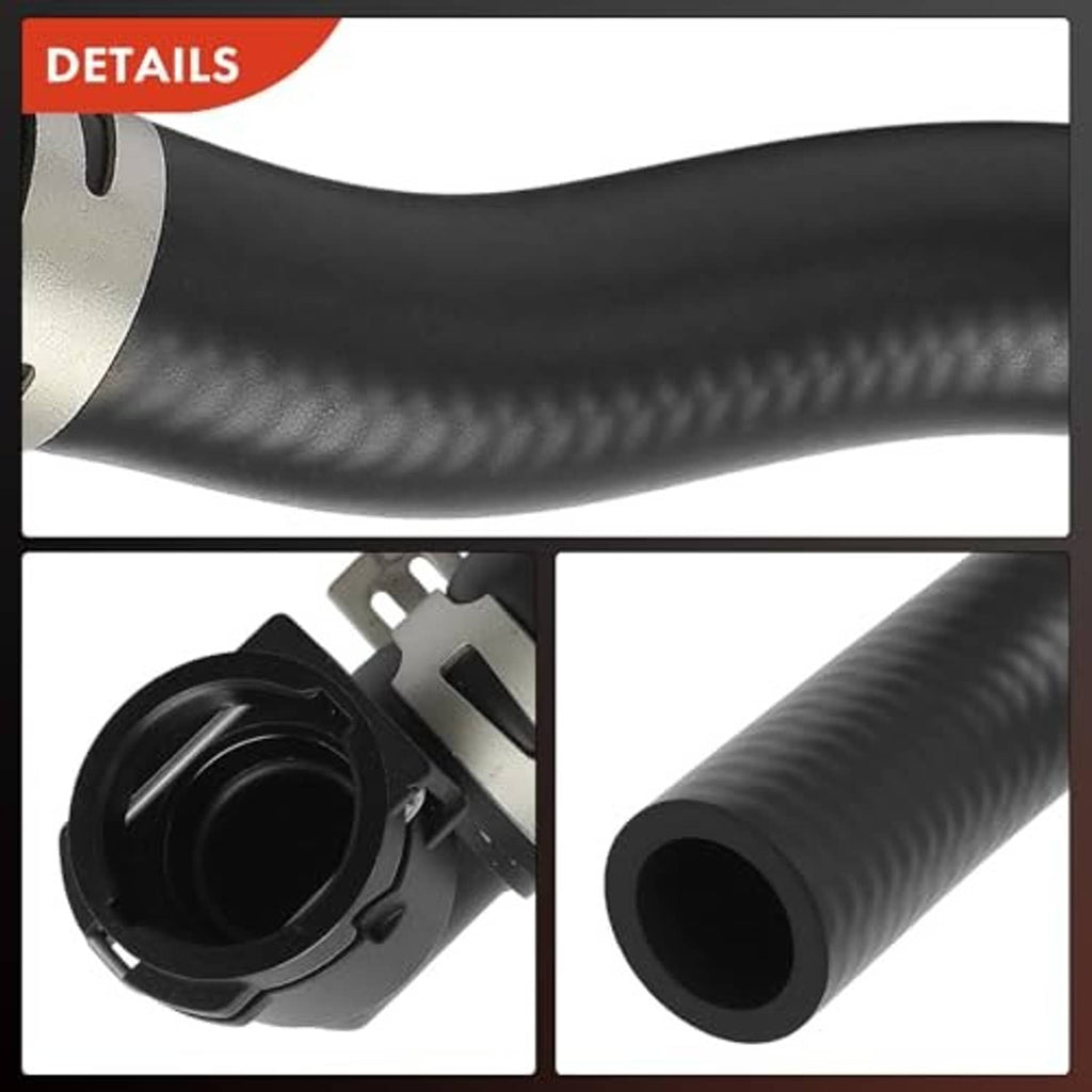 Close-up radiator hose details: ribbed black rubber and connector outlet end