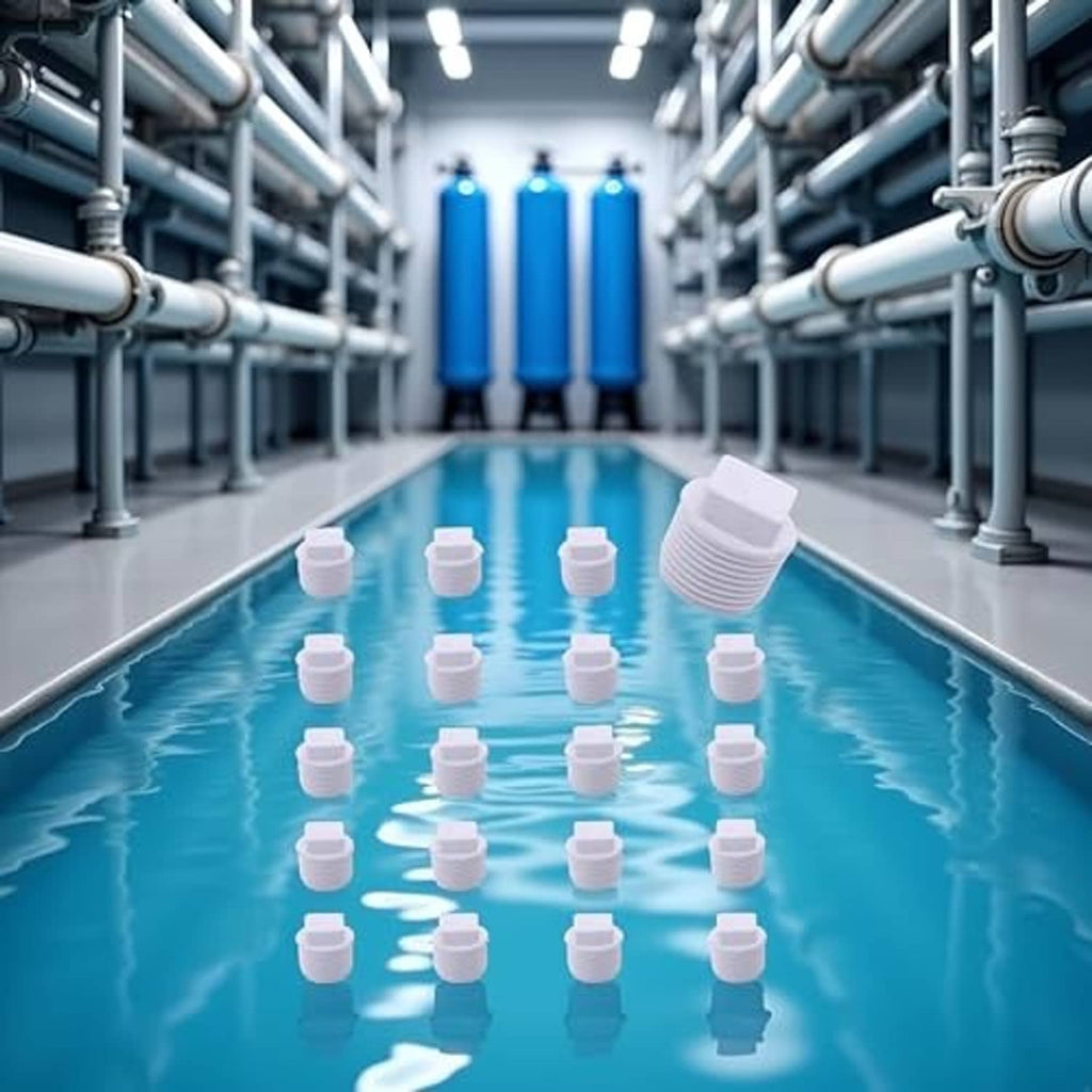 White PVC male threaded pipe end caps, 1/2 inch, several caps floating in a pool
