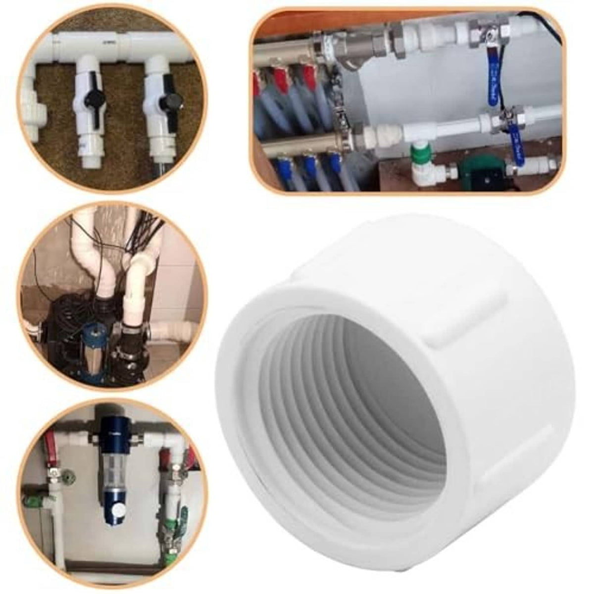 White PVC female threaded end cap plug with deep, ridged internal threads
