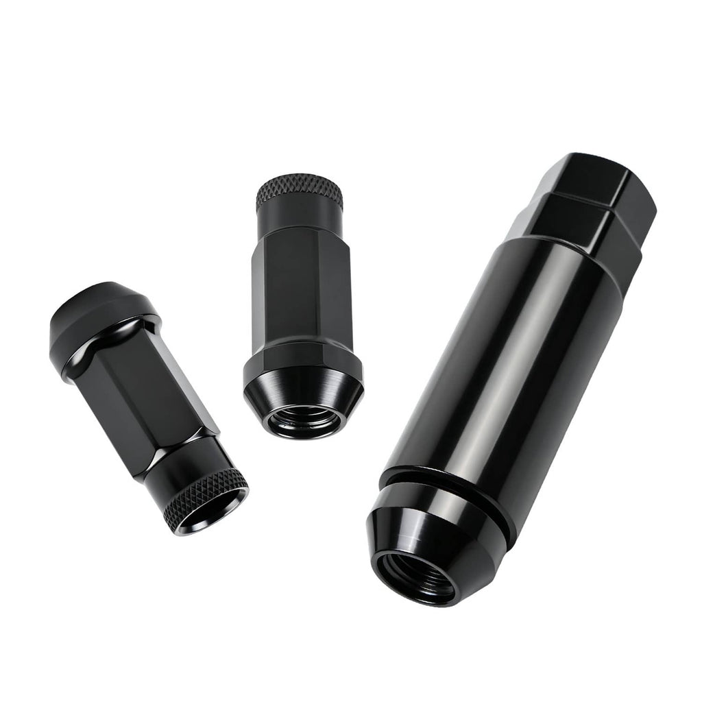 Two black extended wheel lug nuts with open-end hex and threaded interior