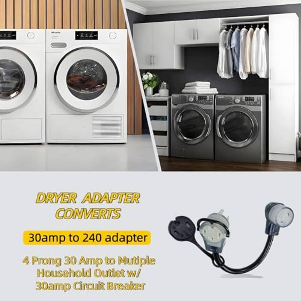 Dryer power adapter splitter with 4-prong plug and dual 3-prong outlets