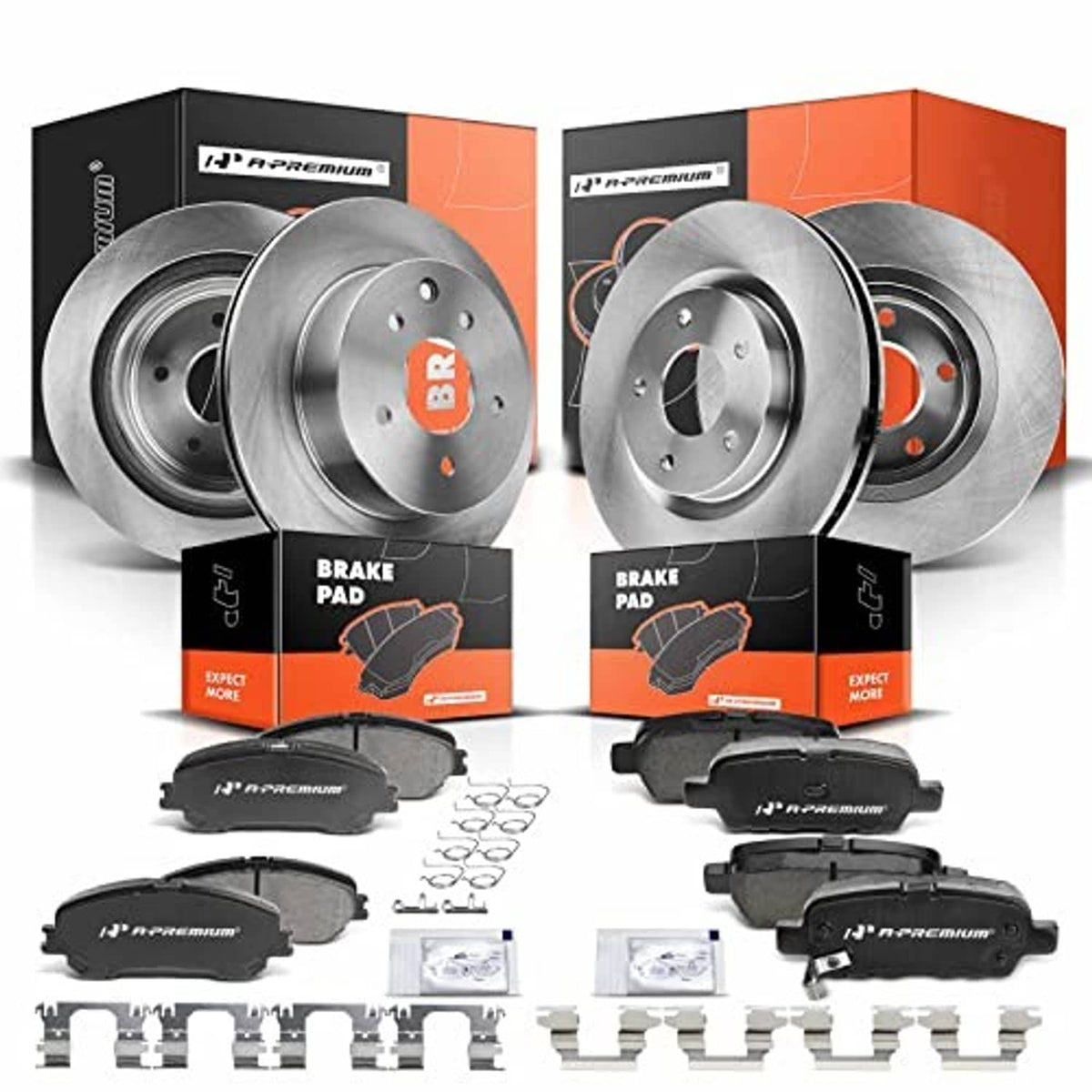 Front and rear vented disc brake rotors with ceramic pads and boxed components