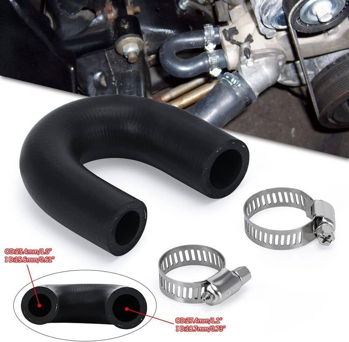 U-shaped black coolant crossover hose with clamps shown next to engine components