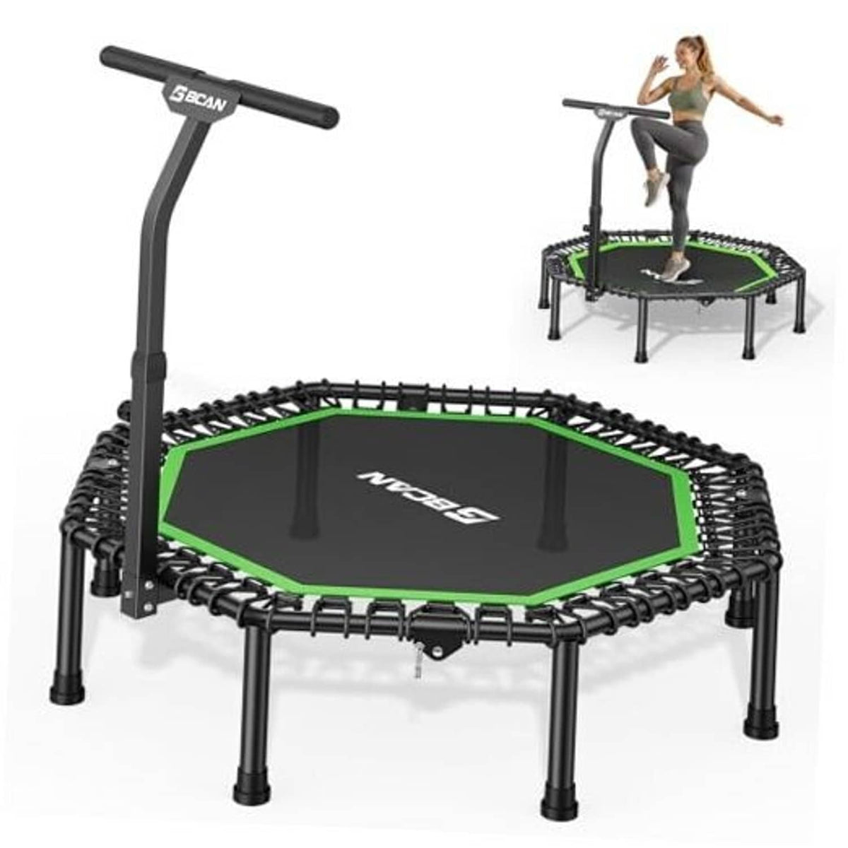 Octagonal rebounder trampoline with green-trim jumping mat, black spring frame, stability legs