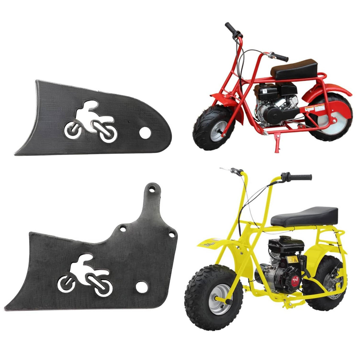 Black extension mounting tabs with bicycle icons, pair with bolt holes