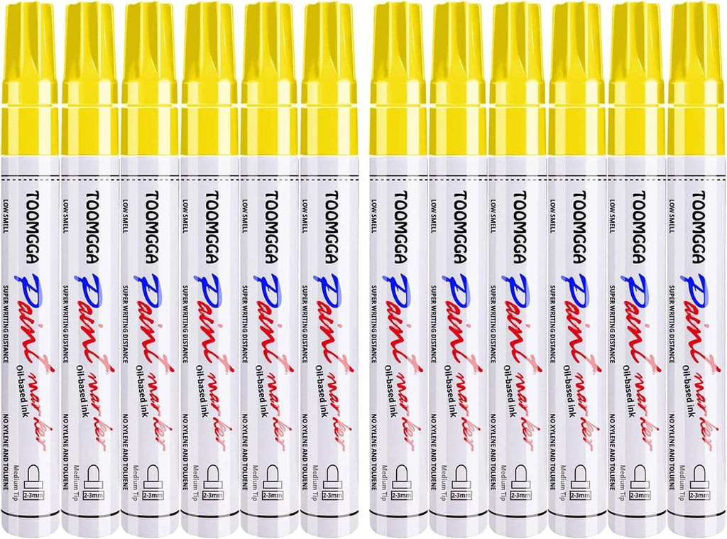 Pack of 12 yellow-capped permanent paint markers with white barrels