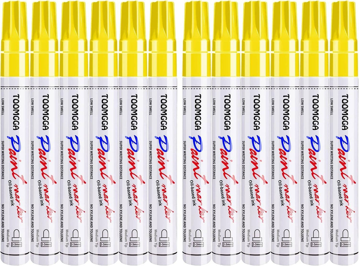 Pack of 12 yellow-capped permanent paint markers with white barrels