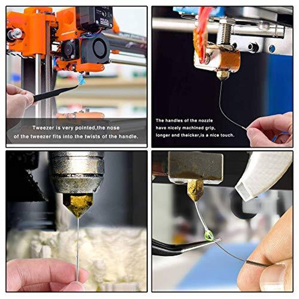 Needle tweezers used to clean a 3D printer nozzle during operation