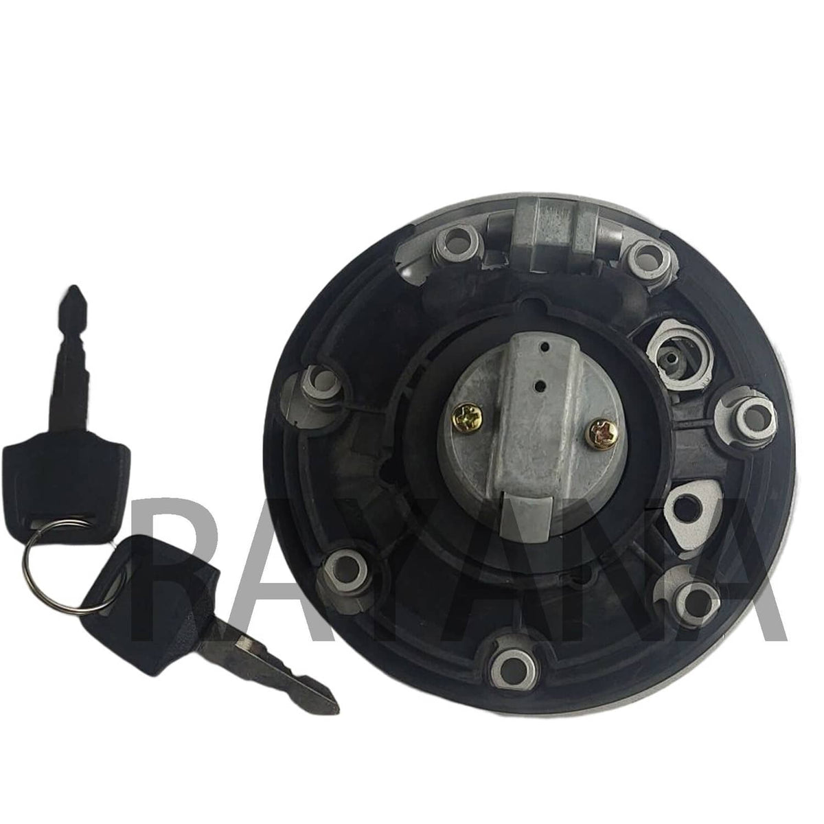 Fuel tank gas cap base with mounting screws and key, underside view.
