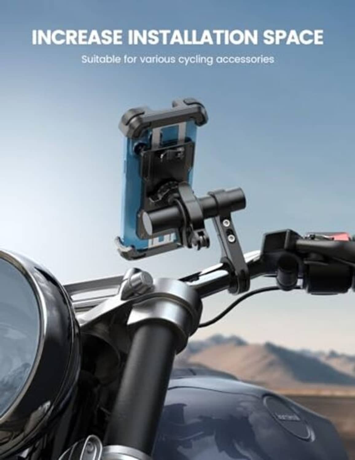 Bike handlebar extender installed on handlebars with device bracket above the stem