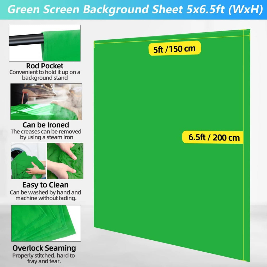 Green screen backdrop sheet with rod pocket, 5x6.5 ft size, overlocked edge
