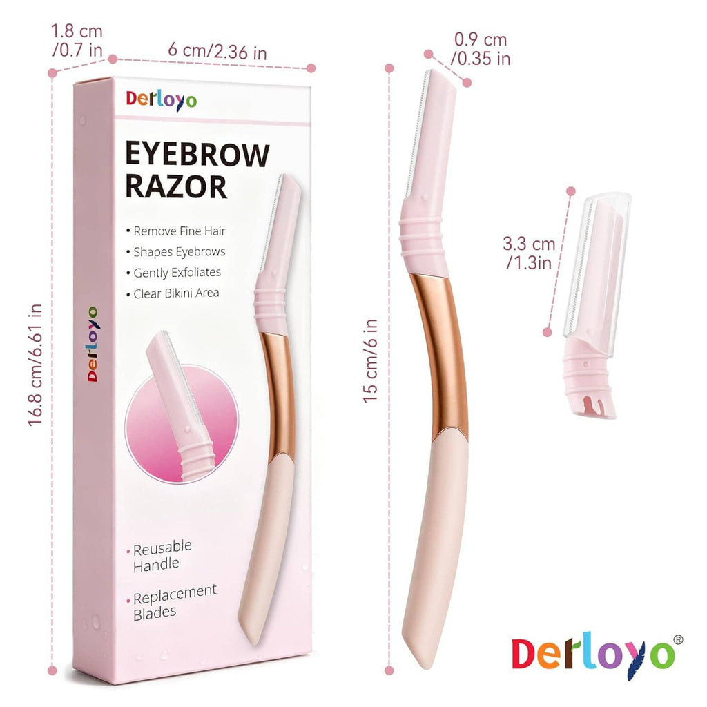 Derloyo Eyebrow Razor package showing pink reusable handle and refill blade cartridge