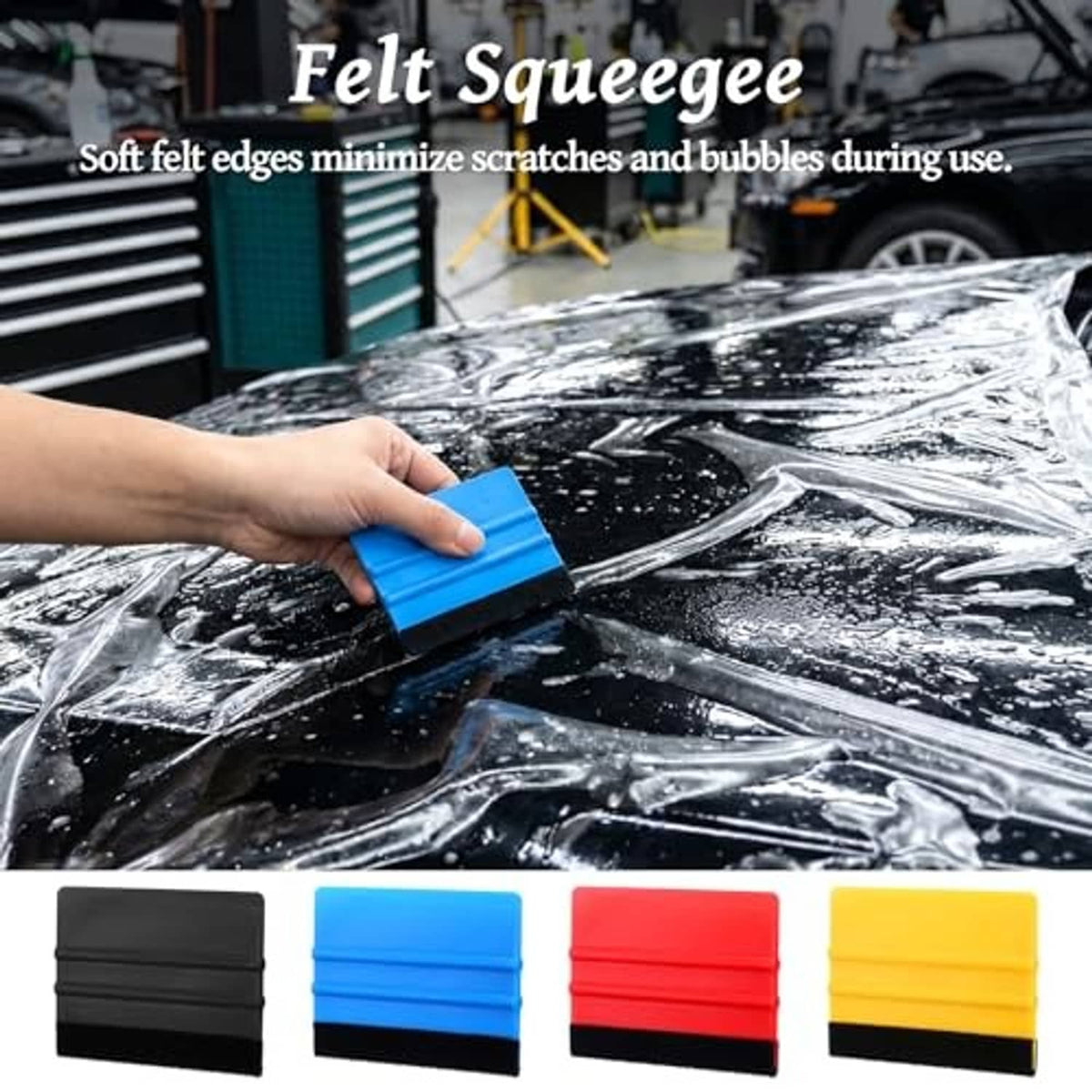 Blue felt squeegee smoothing window film over clear plastic with black edge