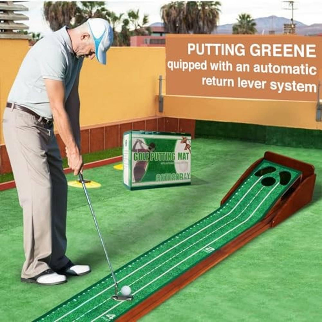 Golf putting mat with auto ball return lever system and green putting surface