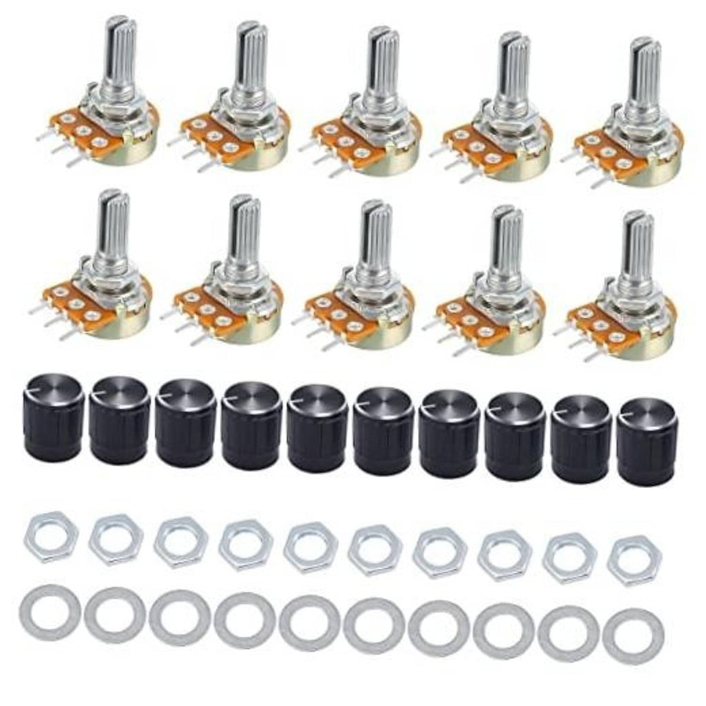 Rotary potentiometer set with 10 PCB modules, metal shafts, black knobs, nuts and washers
