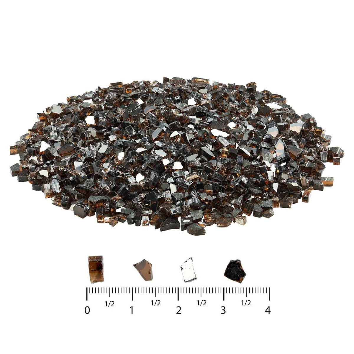 Copper crushed glass fire pit rocks with measurement scale and small sample fragments