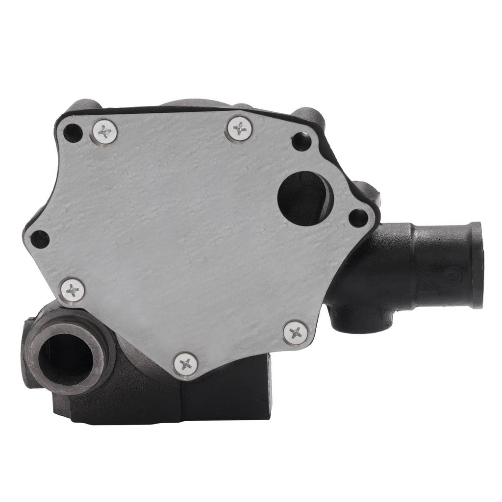 Water pump with silver cover plate, black outlet spout, and bolt heads