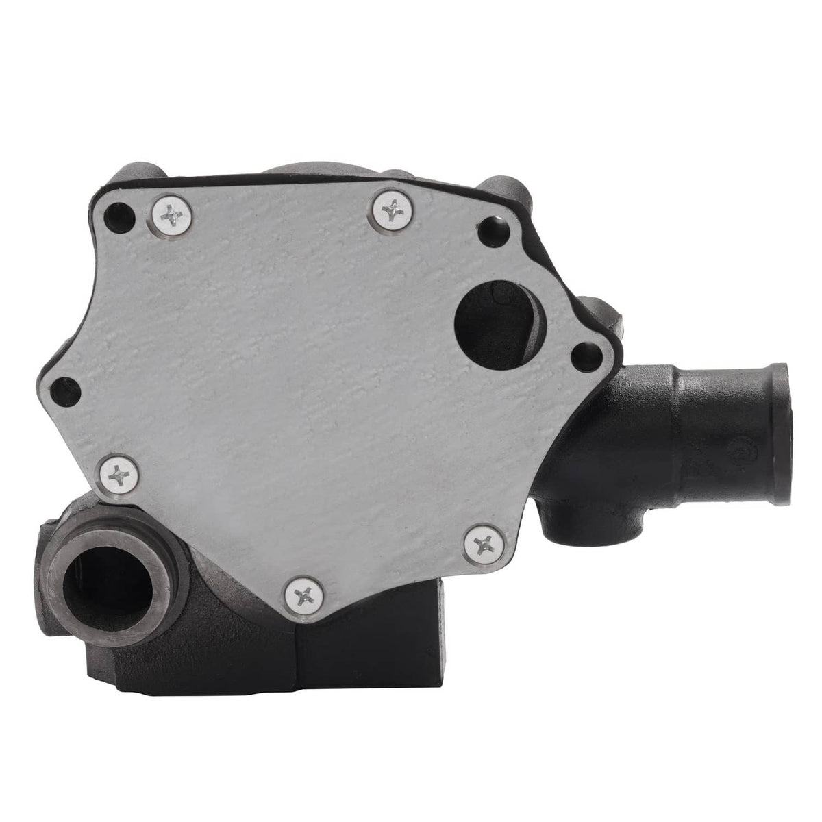 Water pump with silver cover plate, black outlet spout, and bolt heads