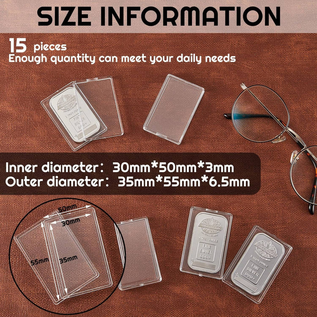 Clear acrylic silver bar holder set, showing multiple square cases