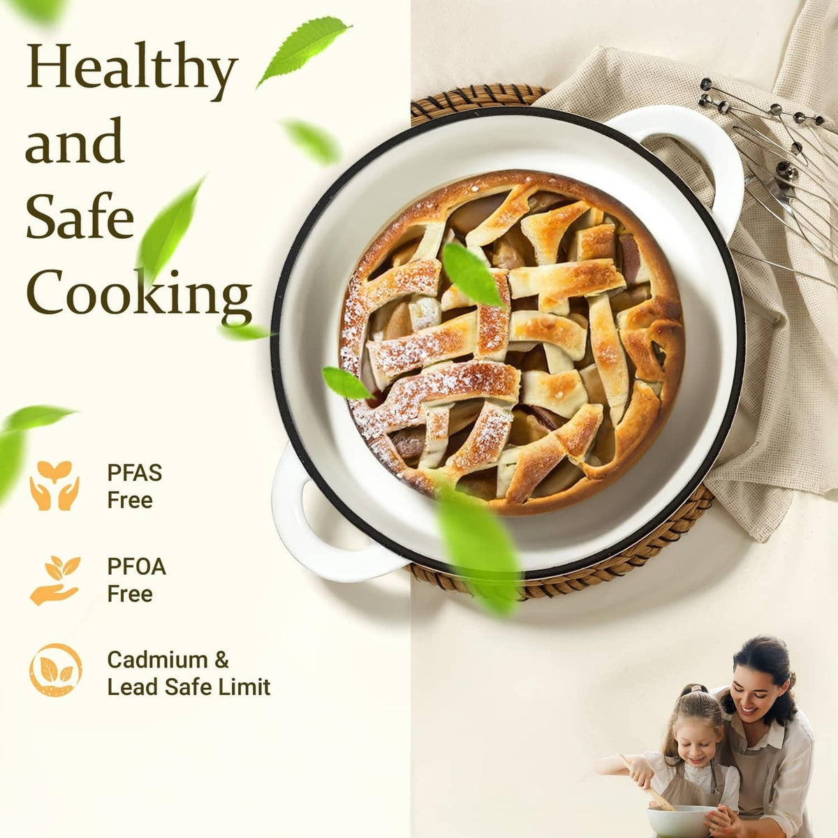 Pearl white Dutch oven with lid open, filled with sliced savory food