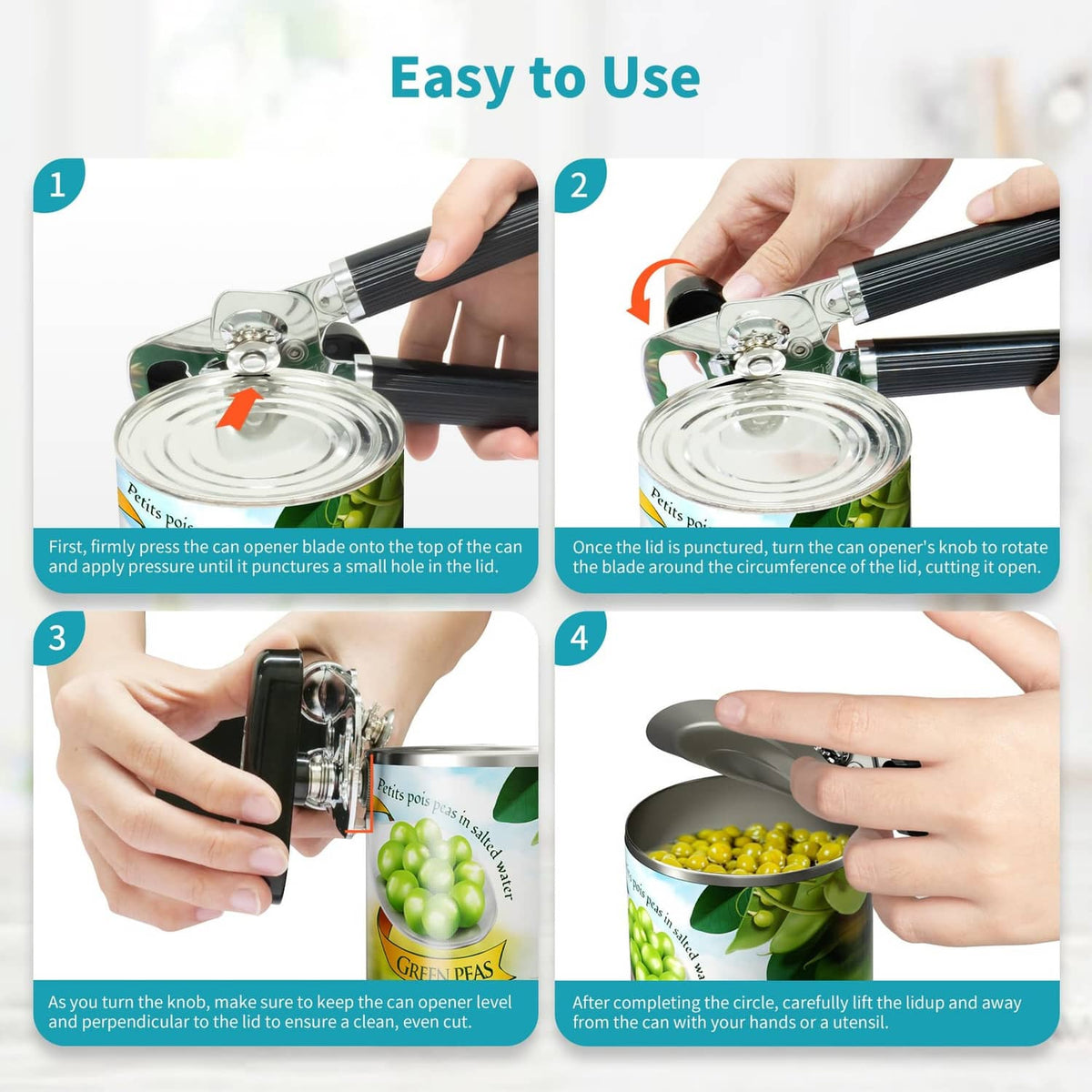 Black manual can opener and bottle opener tool held over a can lid.
