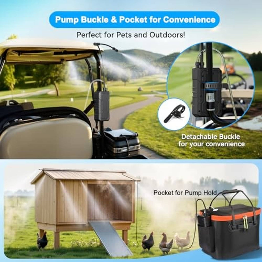 Portable misting system pump with detachable buckle, hose sprayer, and side pocket