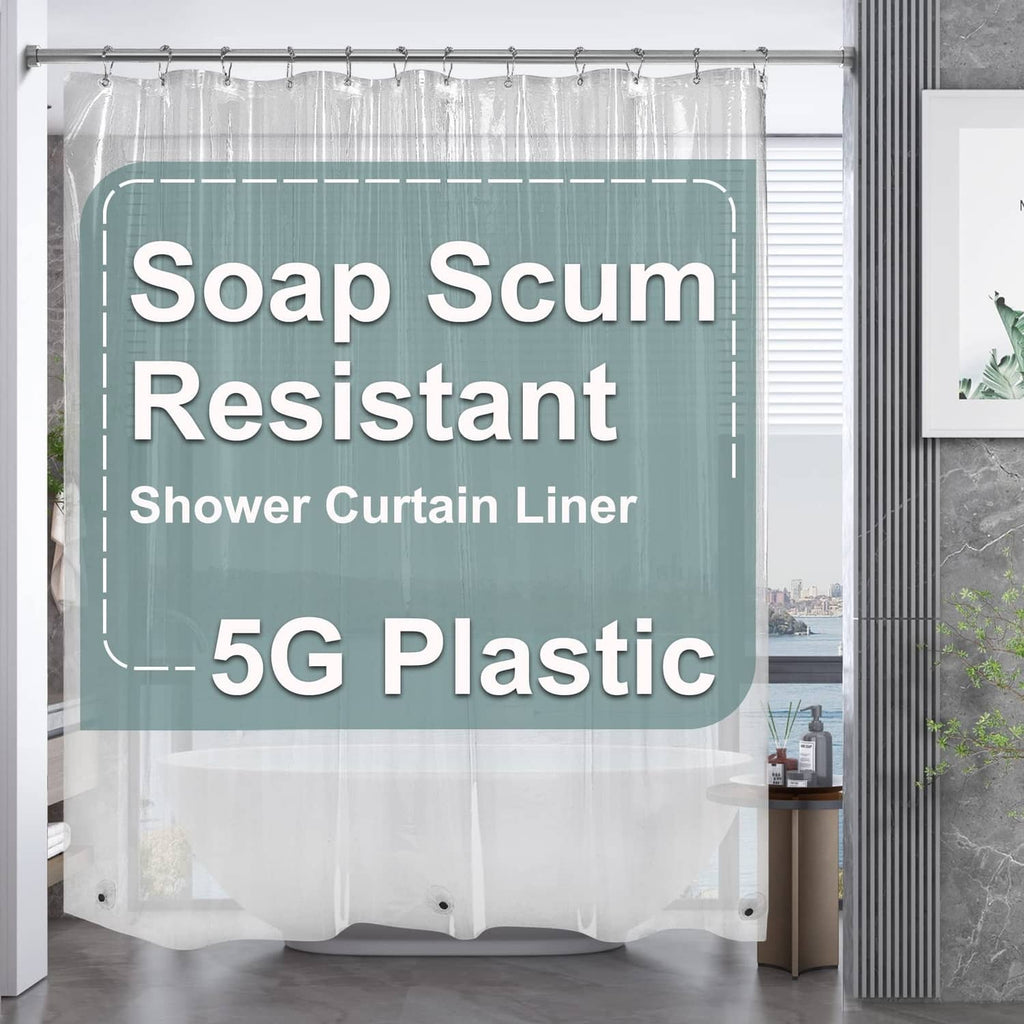 Clear plastic shower curtain liner with top hooks and metal grommets