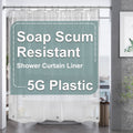Clear plastic shower curtain liner with top hooks and metal grommets