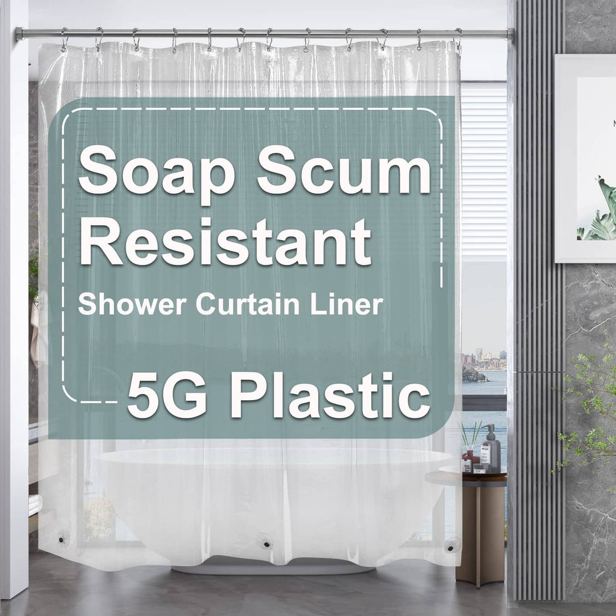 Clear plastic shower curtain liner with top hooks and metal grommets