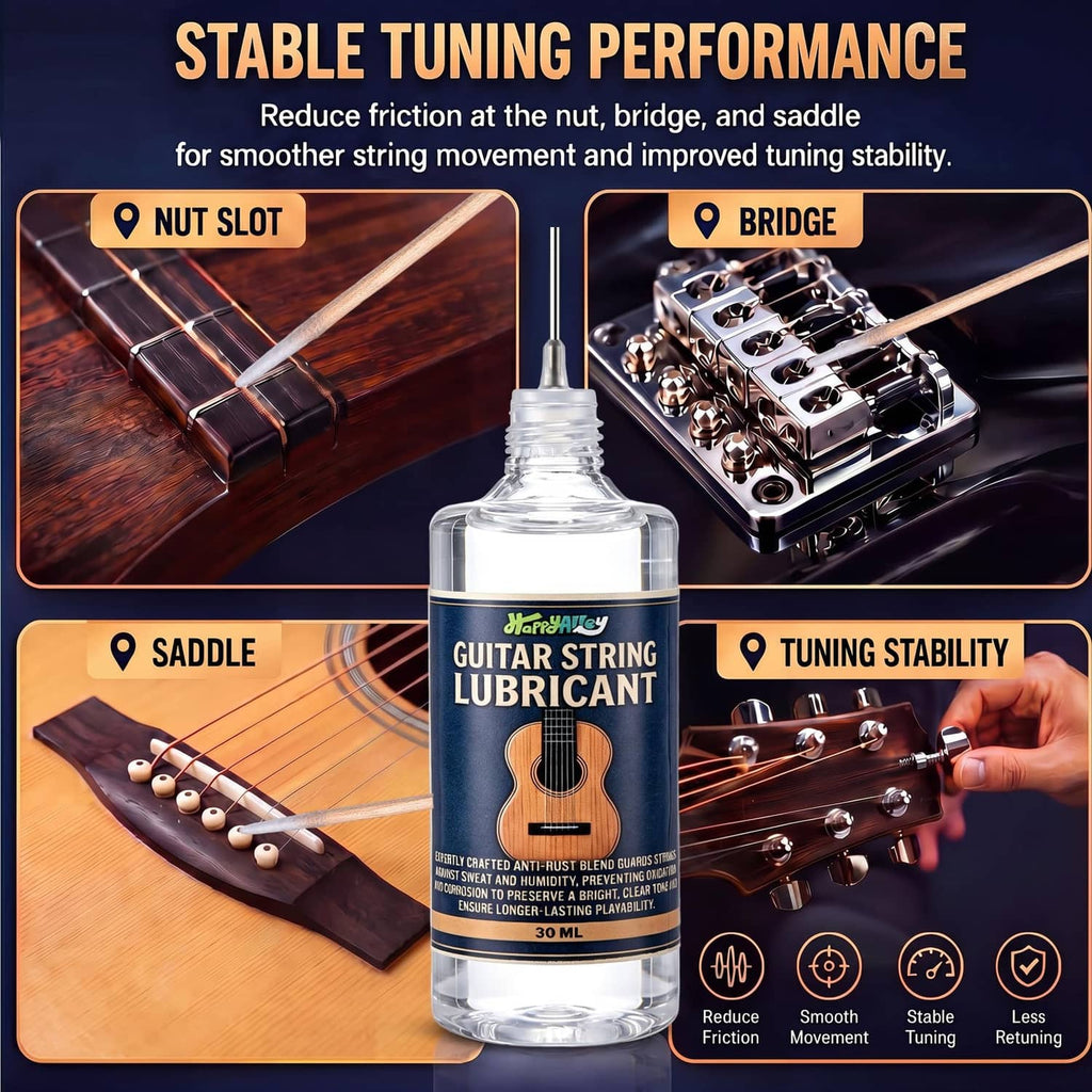Guitar string lubricant bottle with diagram for nut, bridge, and saddle friction