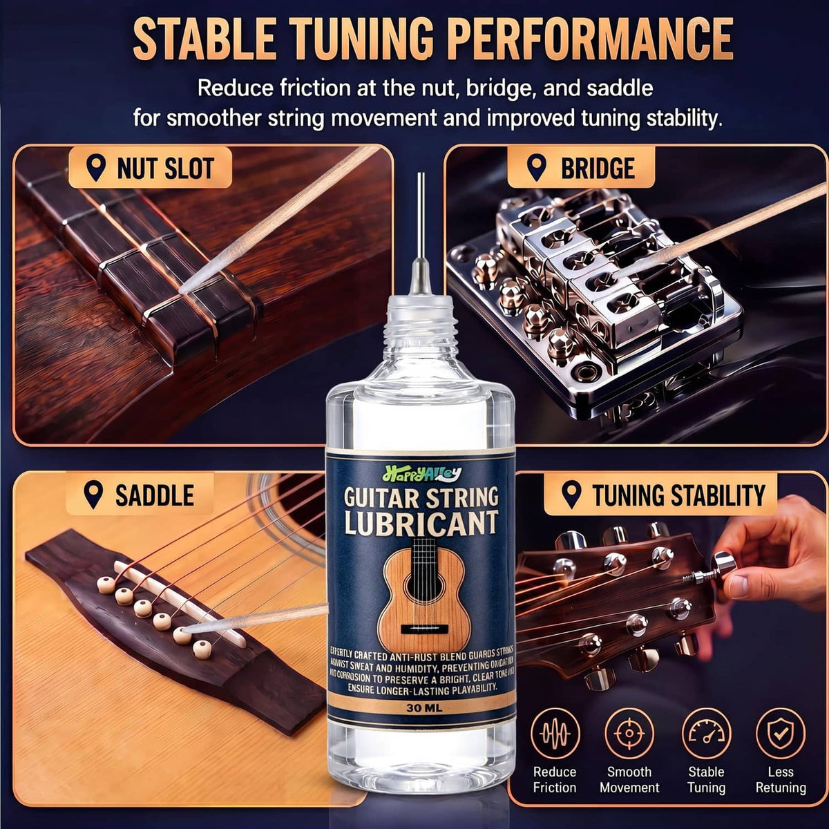 Guitar string lubricant bottle with diagram for nut, bridge, and saddle friction