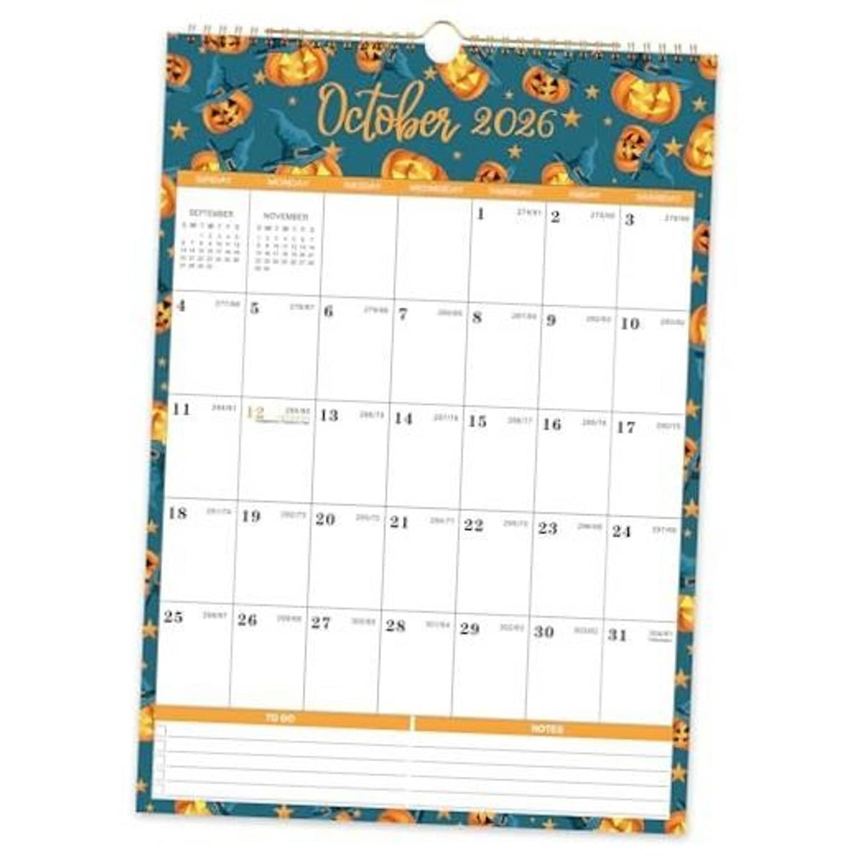 October 2026 wall calendar with colorful Halloween theme border and date grid pages