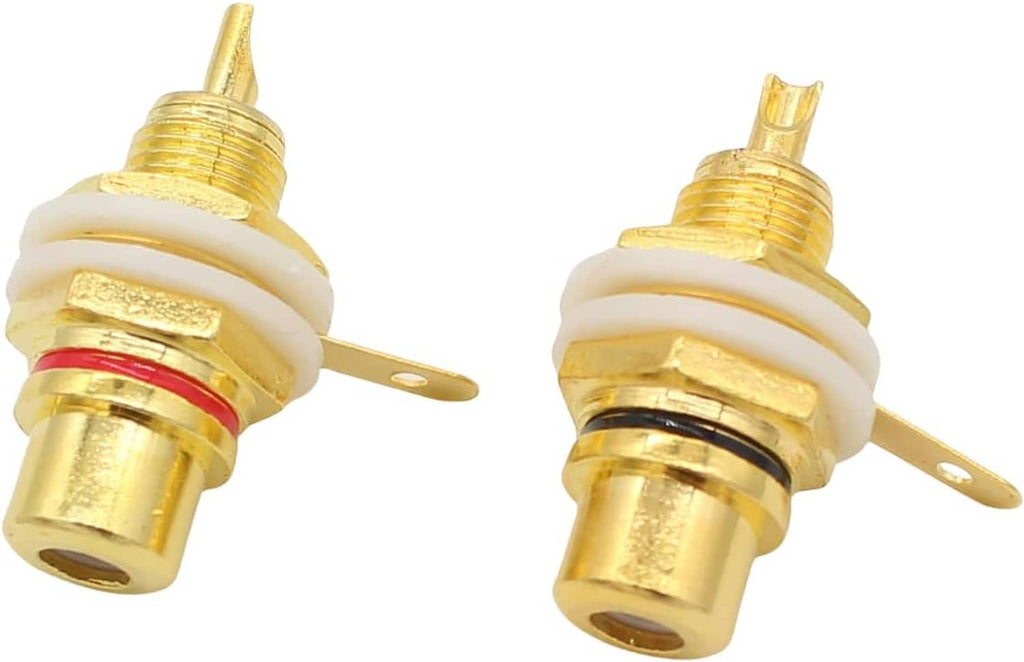 Gold-plated RCA panel-mount audio sockets with red/black signal rings, side view