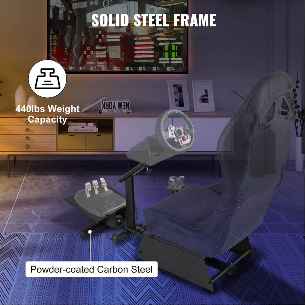 Steel racing wheel stand with gray seat, steering column, and pedal mounting plate