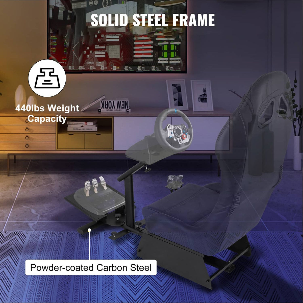 Steel racing wheel stand with gray seat, steering column, and pedal mounting plate