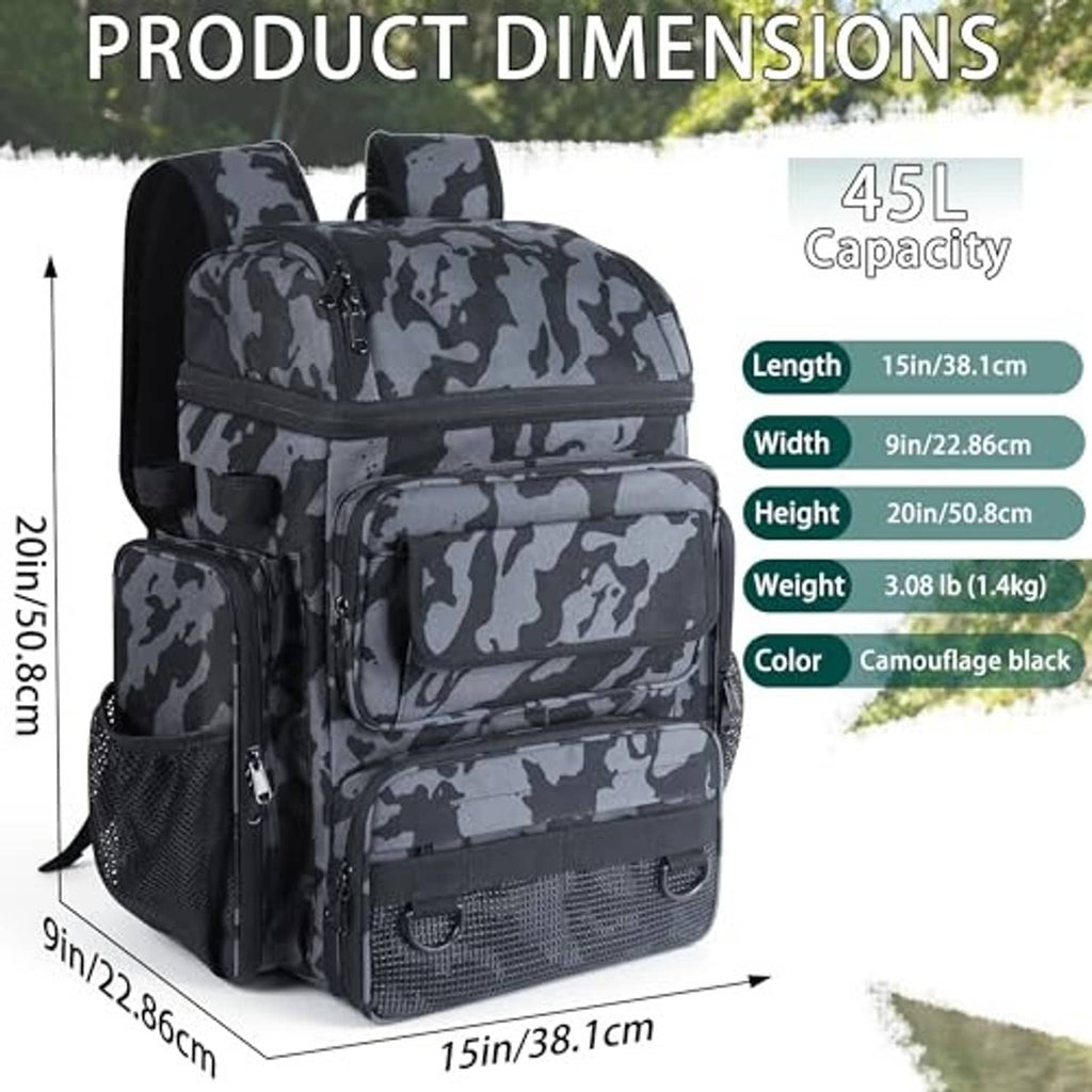 Camouflage black 45L fishing tackle backpack with rod holders and front organizer storage