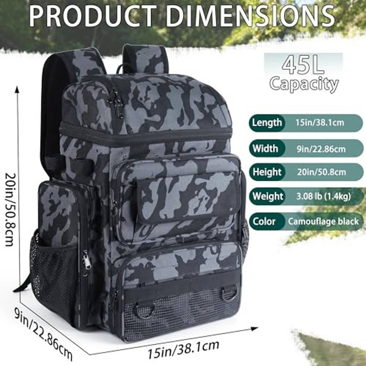 Camouflage black 45L fishing tackle backpack with rod holders and front organizer storage