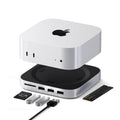 Silver docking hub with black top stand and port openings, plus accessory cards