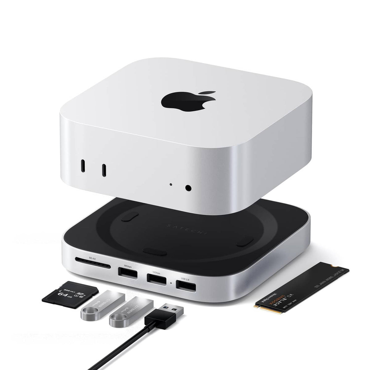Silver docking hub with black top stand and port openings, plus accessory cards