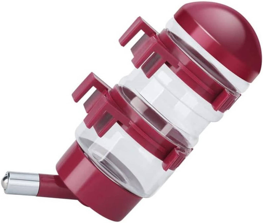No-drip dog crate water bottle dispenser featuring maroon body and clear chamber