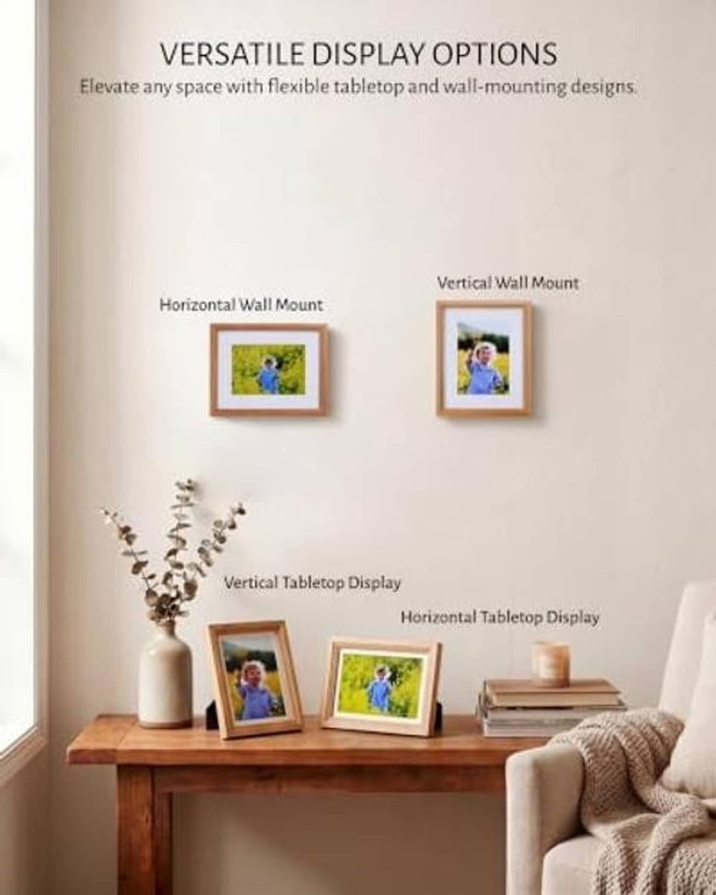 Wood picture frames styled on a wall and tabletop in vertical and horizontal orientations
