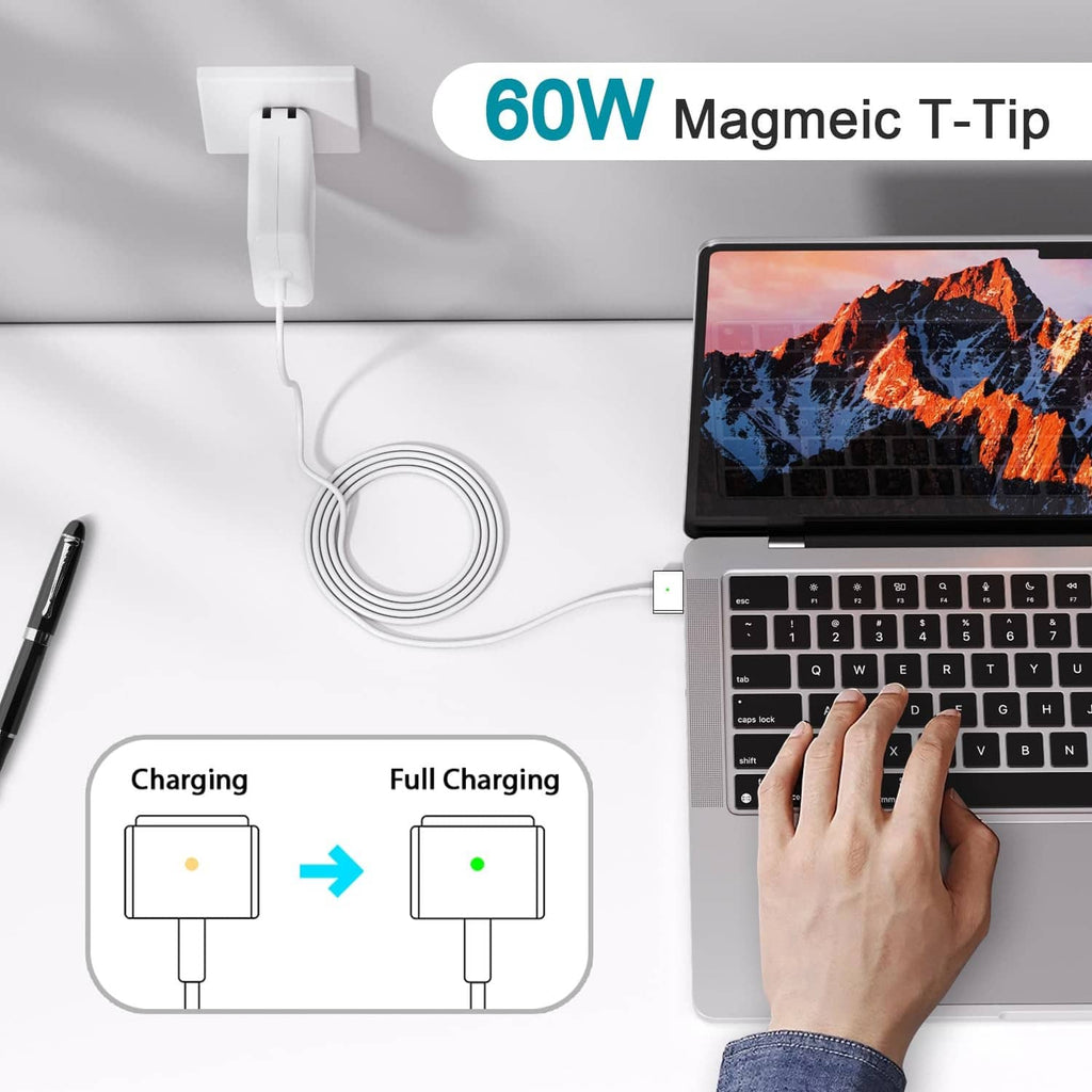 White 60W Magmeic T-tip magnetic charger with cable plugged into a laptop