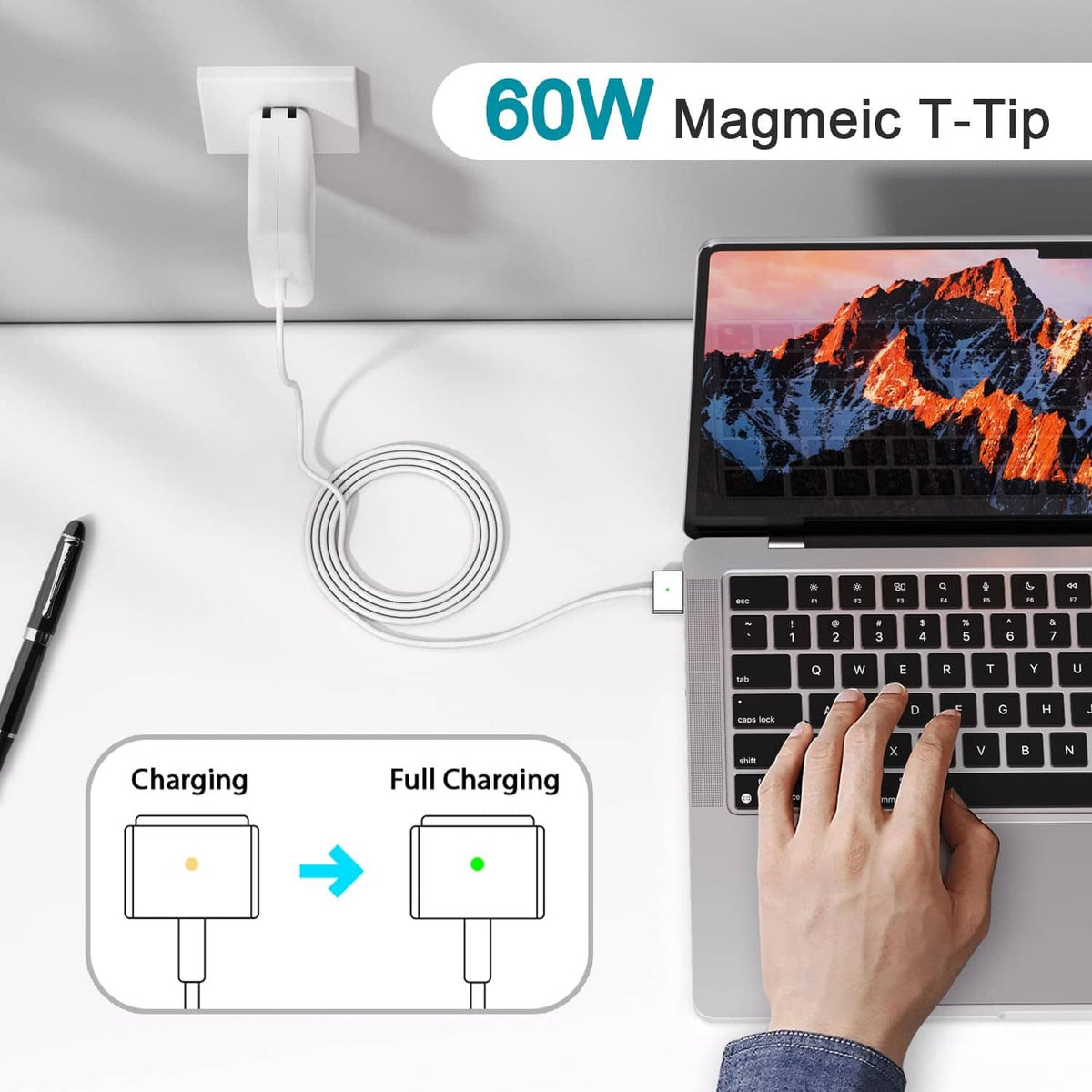 White 60W Magmeic T-tip magnetic charger with cable plugged into a laptop