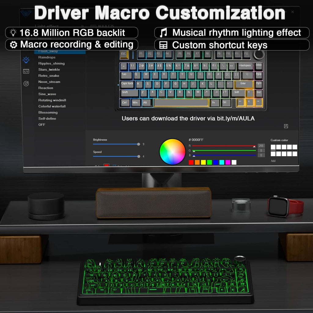 Wireless 75% mechanical keyboard on desk with RGB backlit keys and right control knob