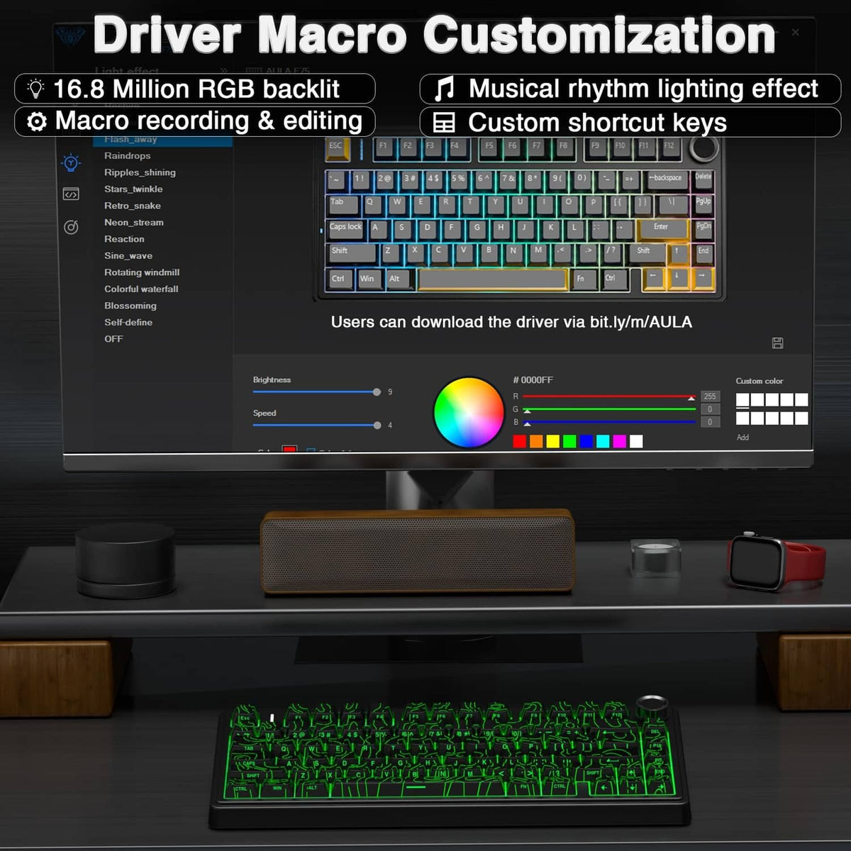 Wireless 75% mechanical keyboard on desk with RGB backlit keys and right control knob