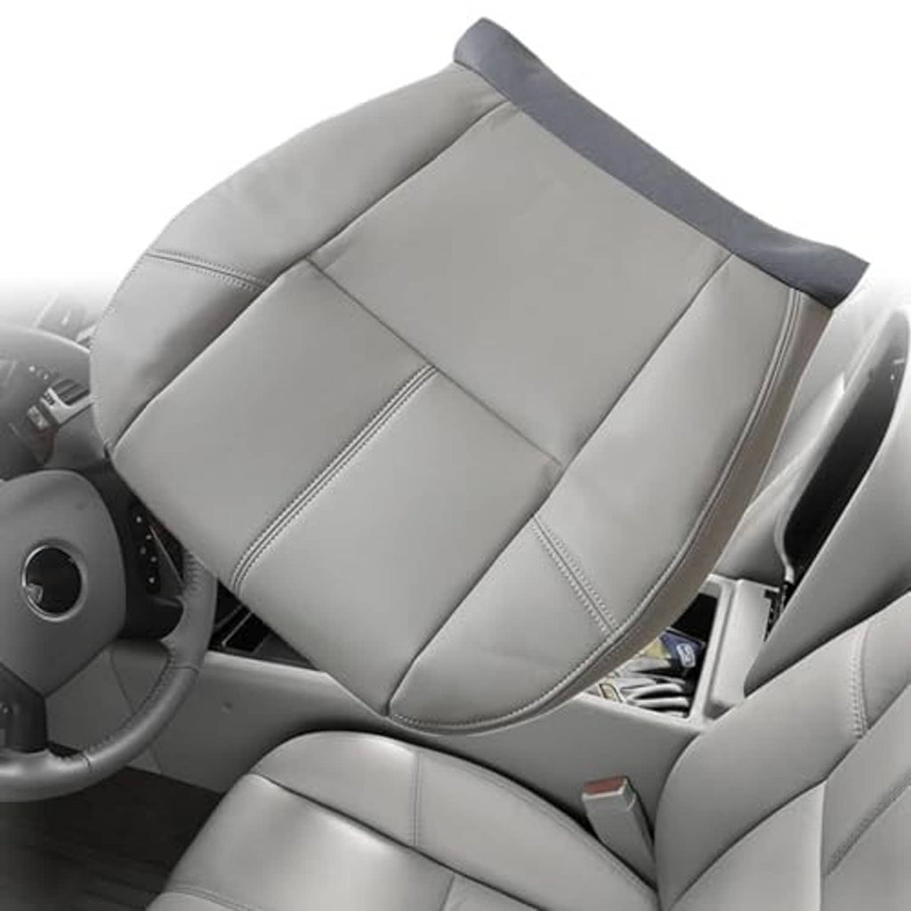 Light gray seat bottom replacement cover installed with smooth leather-like surface and seams