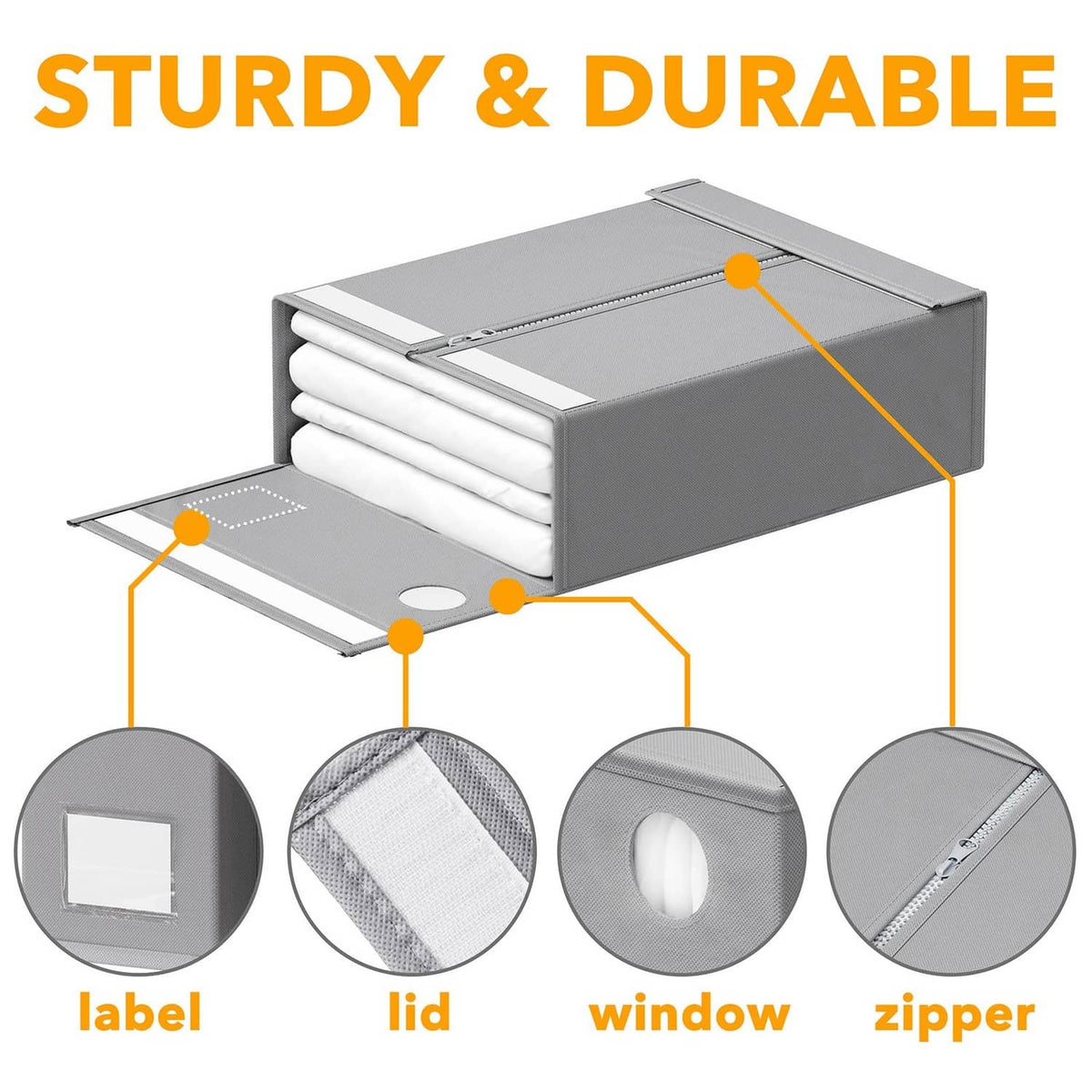Gray foldable sheet organizer with zipper, oval handle window, and reinforced lid design