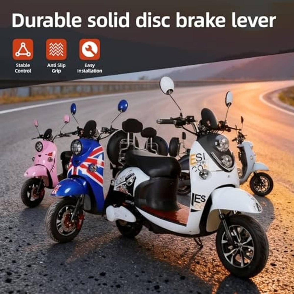 Mini motor scooters with disc brake levers on the handlebars
