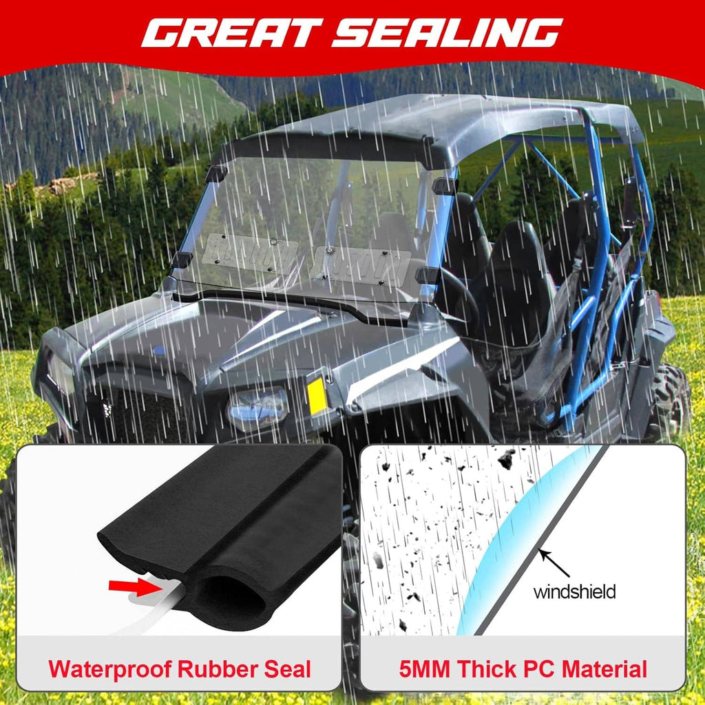Clear UTV windshield with 5mm thick PC material and waterproof rubber seal