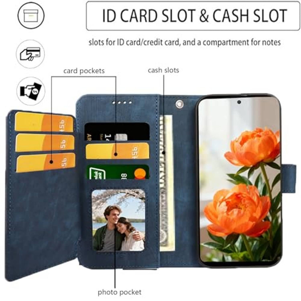 Blue phone wallet case interior showing ID card, cash slots, and photo pocket